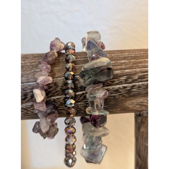 Lot of Three Purple & Green Jadeite Stone & AB Crystal Bracelets - Picture 3 of 4